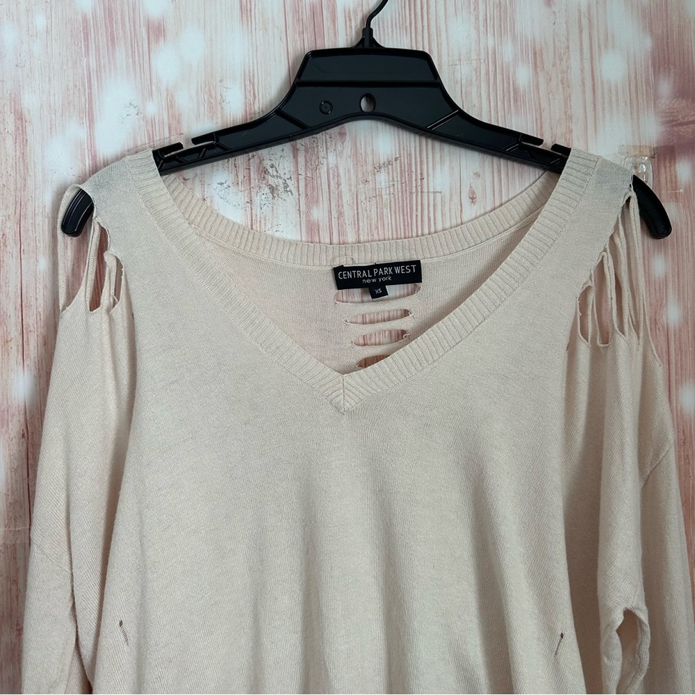 Central Park West Revolve Distressed Ripped V-neck Sweater Cream XS - Picture 6 of 16